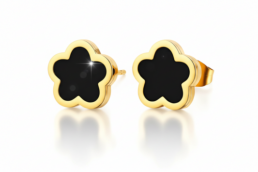 Black Enamel Flower Stud Earrings | 18K Gold Plated