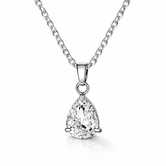 Silver stainless steel teardrop-shaped diamond pendant necklace on a white background
