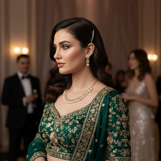 Woman in a green traditional outfit with jewelry in an elegant indoor setting