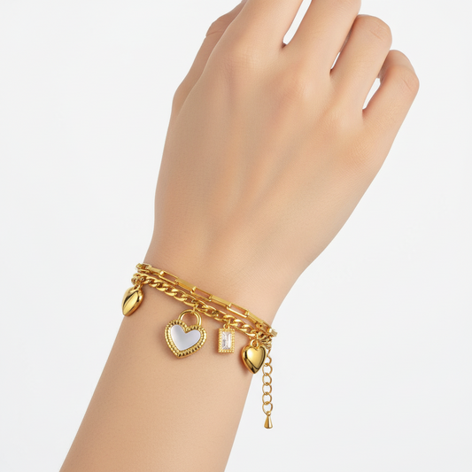 Double-Layer Heart Charm Bracelet Set | 18K Gold Plated