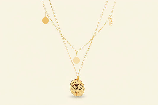 Gold necklace with eye pendant on a white background