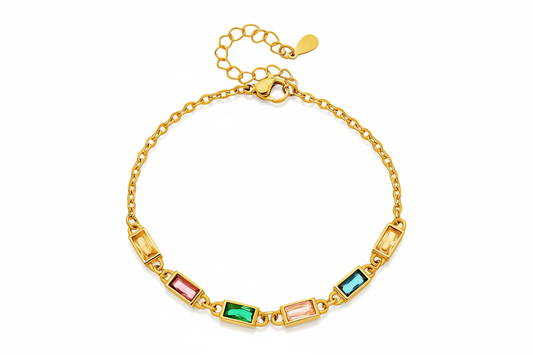 Multicolor Baguette CZ Station Chain Bracelet | 18K Gold Plated