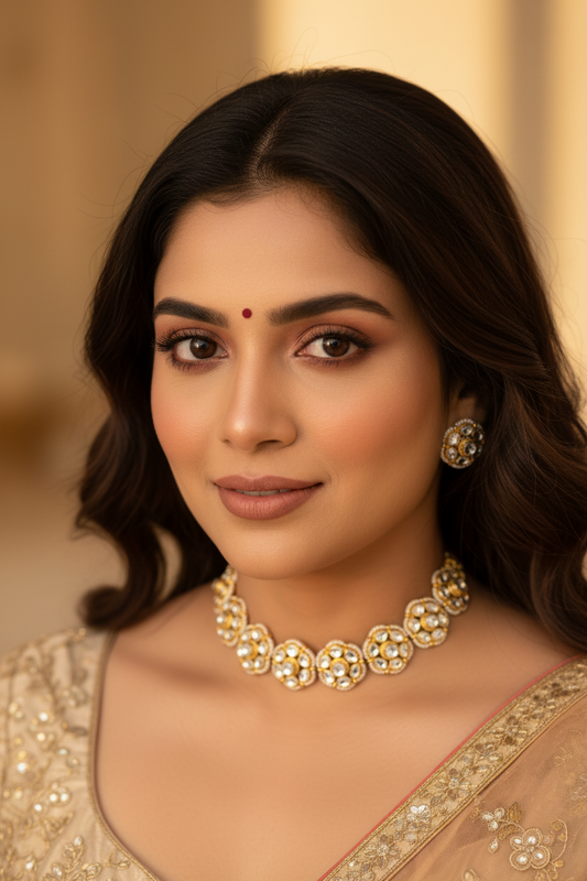 Woman wearing gold jewelry with a blurred background