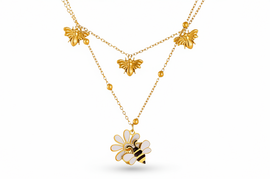 Bee & Daisy Double Layer Necklace | 18K Gold Plated