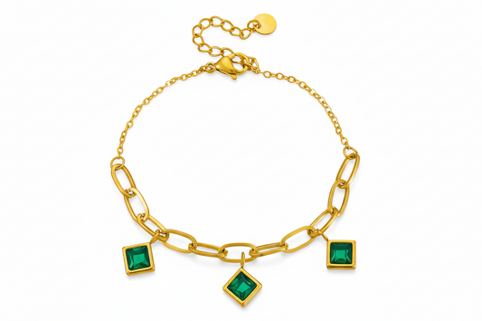Triple Emerald-Green CZ Charm Paperclip Chain Bracelet | 18K Gold Plated