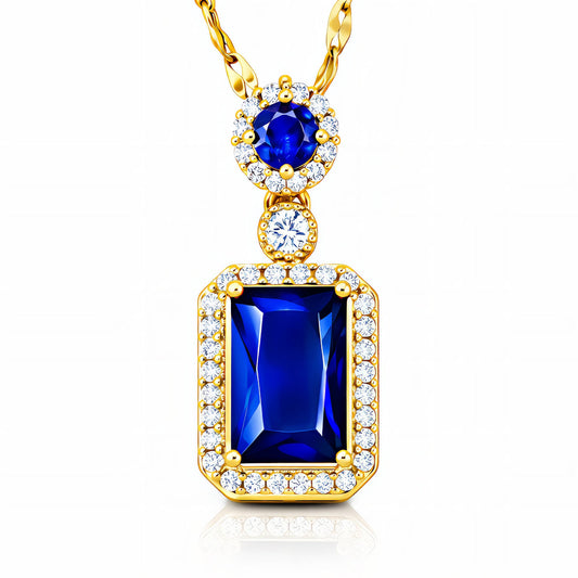 Gold necklace with blue gemstones on a white background