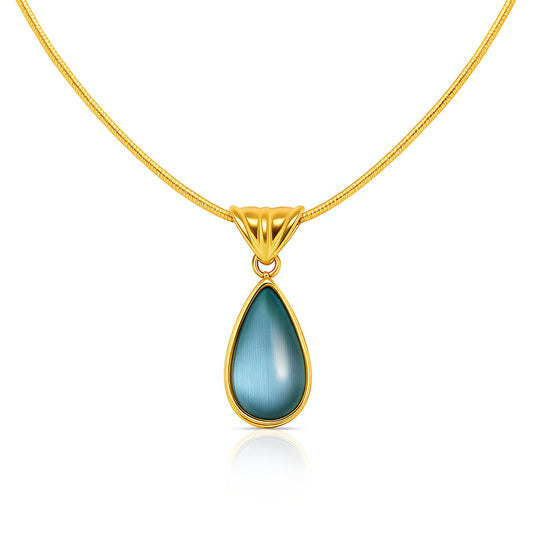 Gold necklace with a blue teardrop pendant on a white background