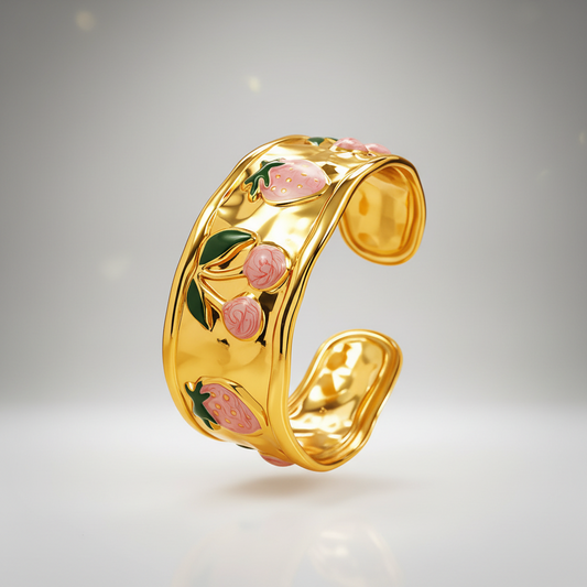 Strawberry & Cherry Enamel Wide Cuff Bracelet | 18K Gold Plated
