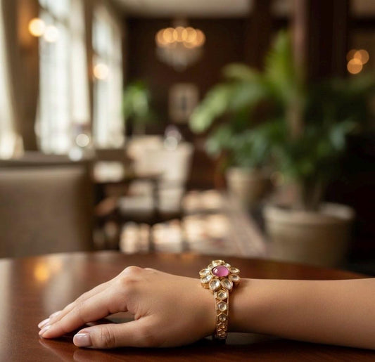 Heritage Kundan Style Pink Stone and Polki-Look Bangle Bracelet