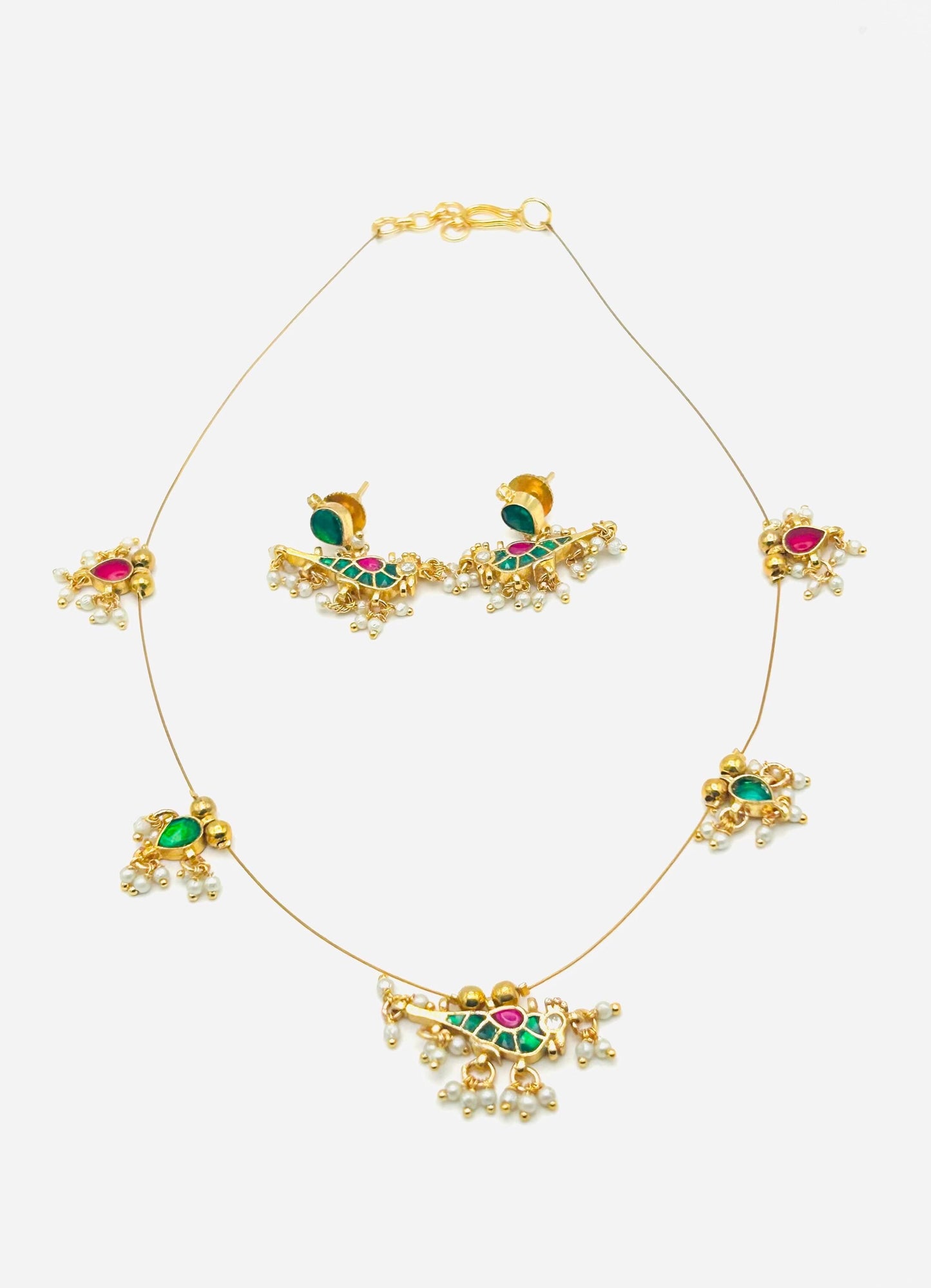 Peacock Pearl Jadau Invisible Chain Necklace Set - Antique Gold Temple Jewelry with Matching Earrings