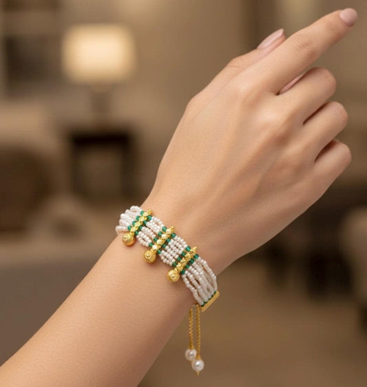 White Green Pearl Beaded Necklace Earrings Bracelet Set, Indian Ethnic Jewelry