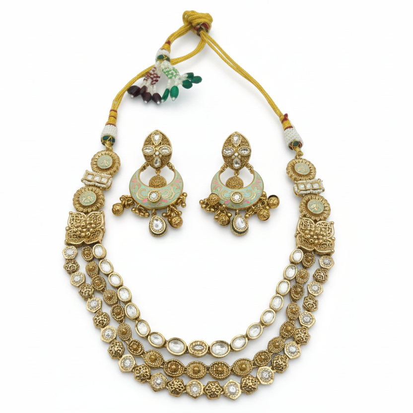 Ornate gold necklace and earrings set on a white background