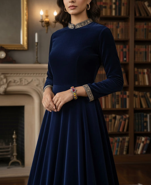 Woman in a dark blue dress with decorative elements in a room with a fireplace and bookshelf.