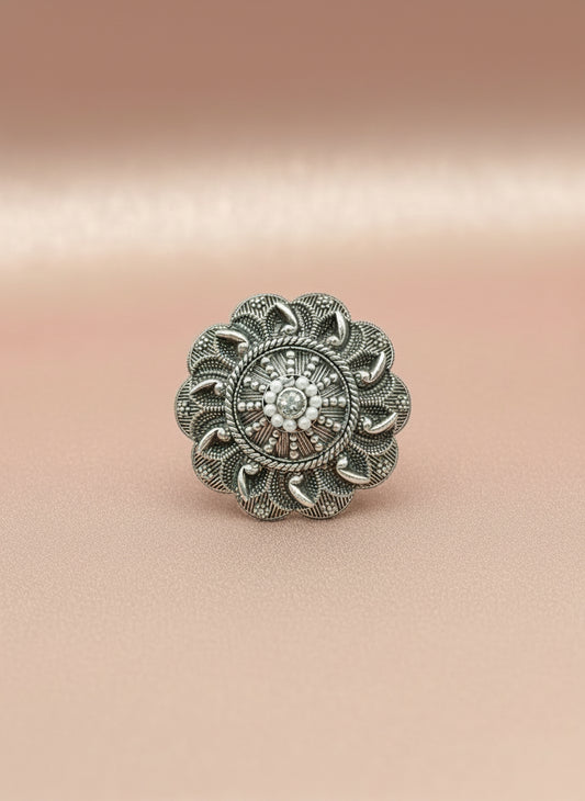 Oxidized Silver Floral Statement Ring