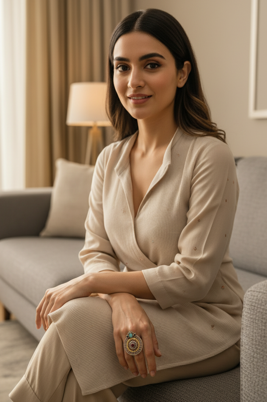 Woman sitting on a couch in a living room wearing a beige outfit and ring.