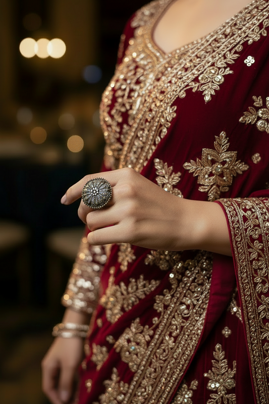 Close-up of a person wearing a maroon and gold embroidered traditional outfit with a ring.
