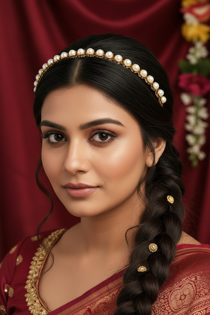 Woman in traditional attire with a pearl headband against a red curtain background