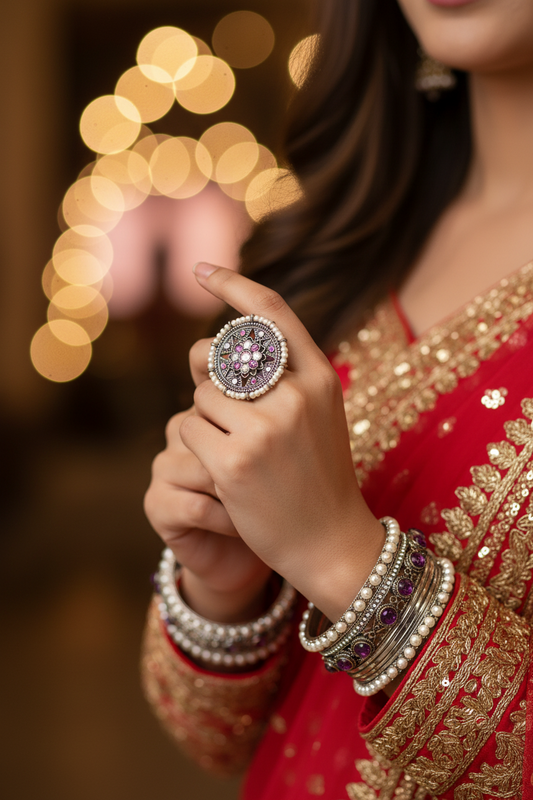 Person wearing a red and gold traditional outfit with a decorative ring and bangles.