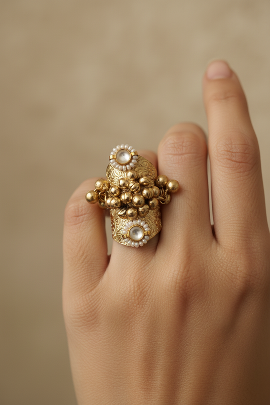 Antique Gold Temple Ring - Statement Piece with Pearl & Floral Detailing