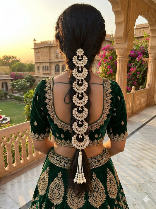 Woman in a green traditional outfit with intricate jewelry, standing on a balcony with floral architecture.
