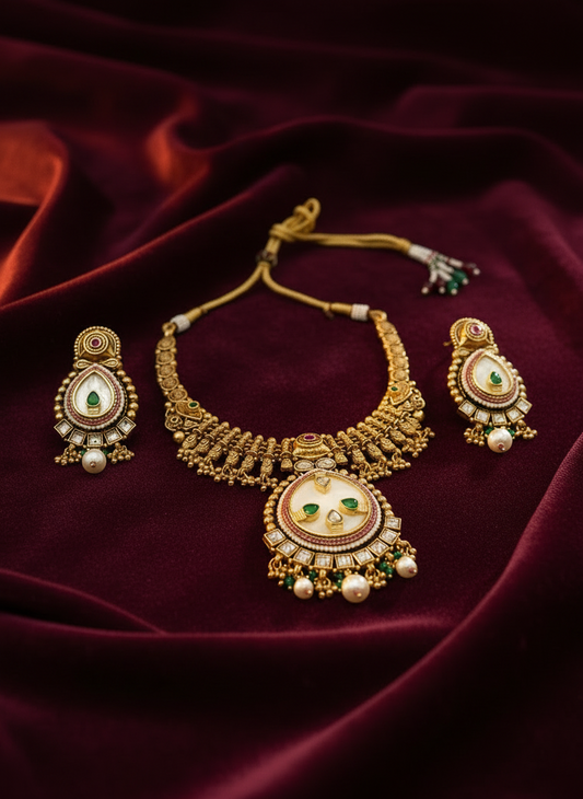 Gold jewelry set with green gemstones on a dark red fabric background