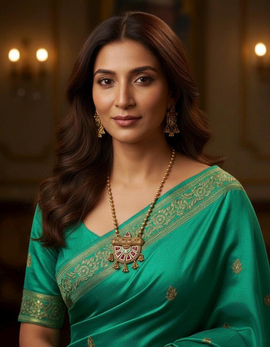 Woman wearing a green saree with gold embroidery in an indoor setting
