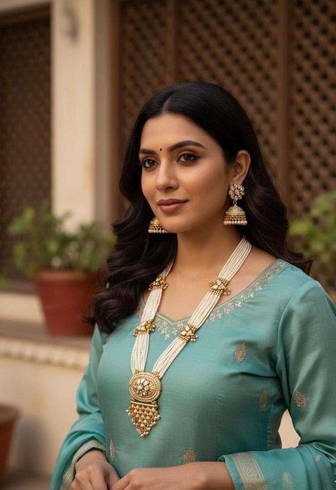 Woman in a teal traditional outfit with gold jewelry outdoors