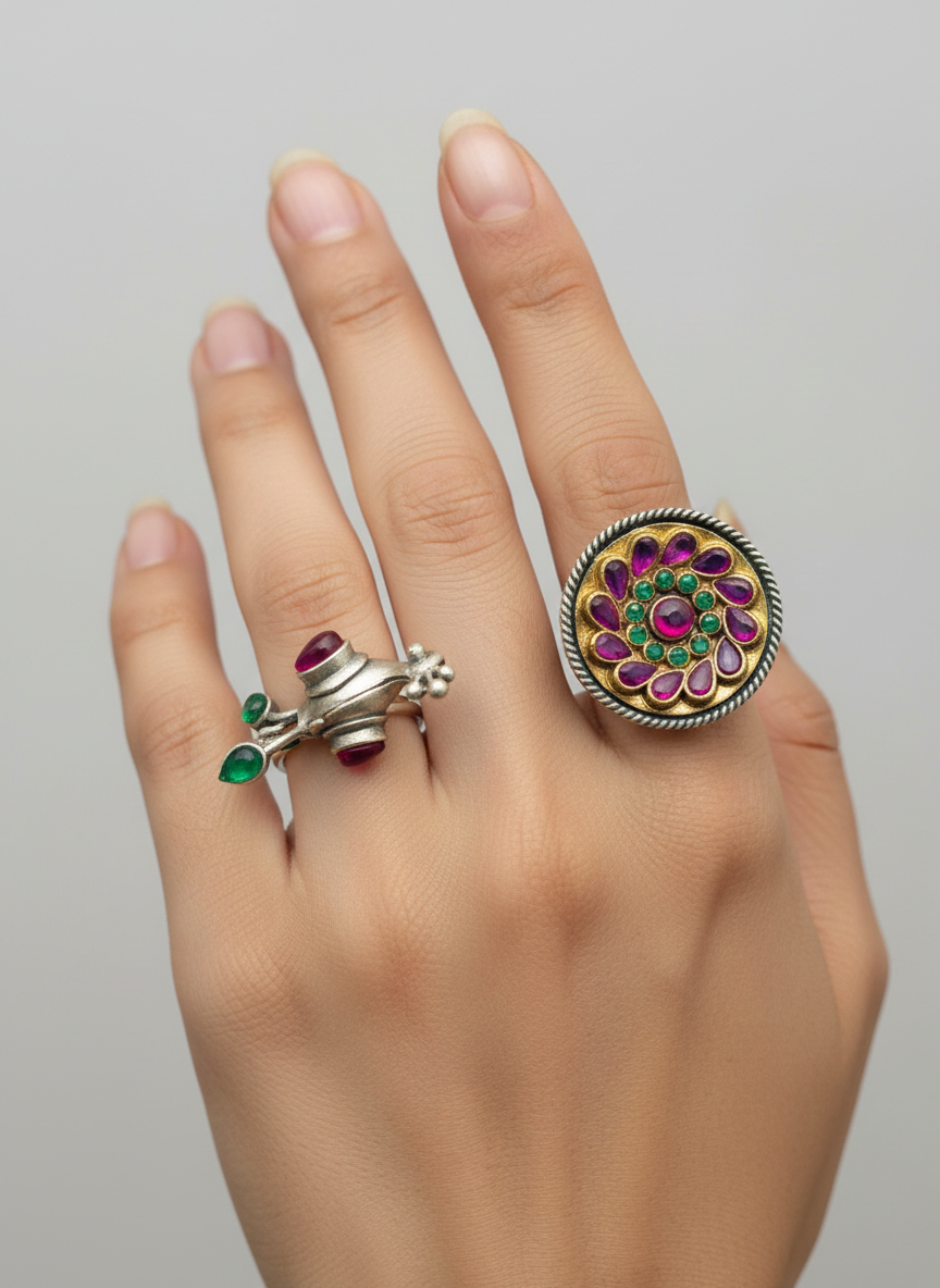 Silver-Tone Kundan Double Finger Ring with Peacock Motif - Traditional Indian Jewelry