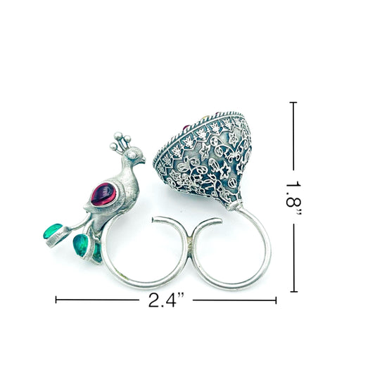 Silver-Tone Kundan Double Finger Ring with Peacock Motif - Traditional Indian Jewelry