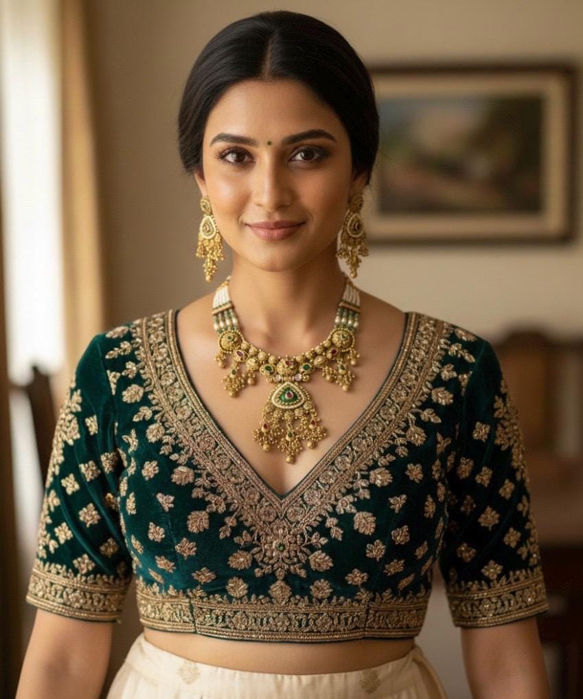 Woman wearing a traditional green and gold embroidered blouse with matching jewelry indoors.