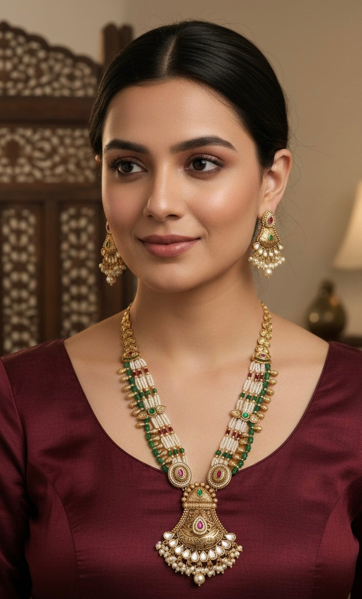 Antique Gold Temple Jewelry Long Necklace Set with Chandbali Earrings