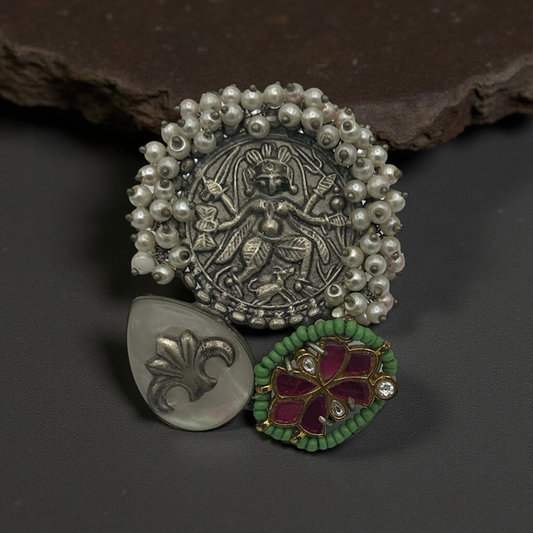 Vintage Antique Temple Ring Oxidized Silver Statement Ring with Pearl Border