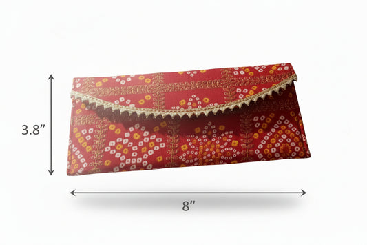 Bandhani Envelope Clutch with Golden Lace Trim - Traditional Tie-Dye Purse