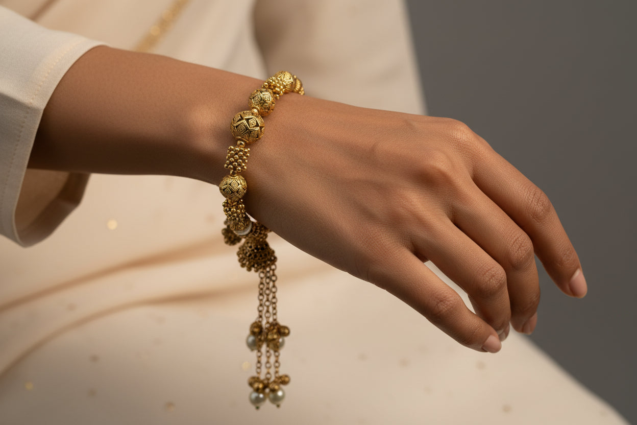 temple matte Gold plated bracelet with pearl charms on a white background