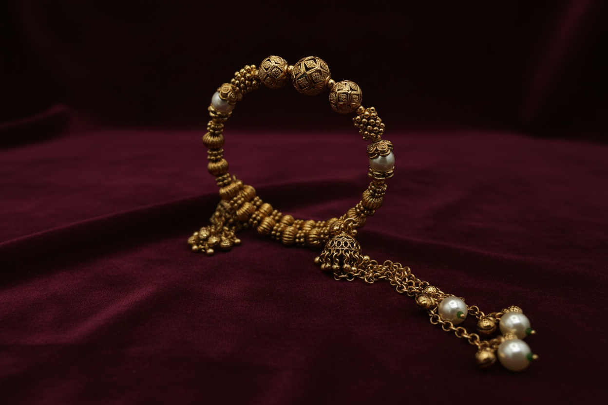 Traditional Gold plated bracelet with pearl-like beads on a dark red fabric background
