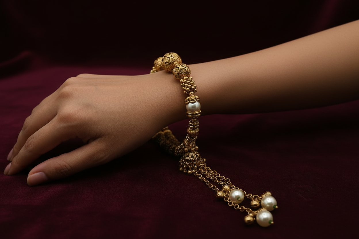 Antique Beaded Bracelet With Jhumka Tassel Drops | Matte Gold Plated Adjustable