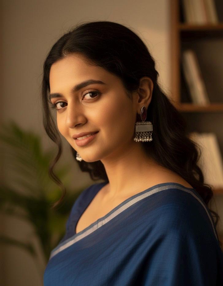 Woman wearing a blue saree with a blurred background