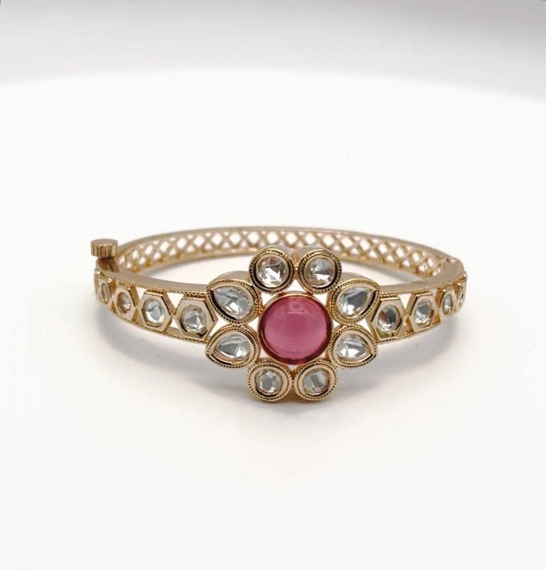 Heritage Kundan Style Pink Stone and Polki-Look Bangle Bracelet