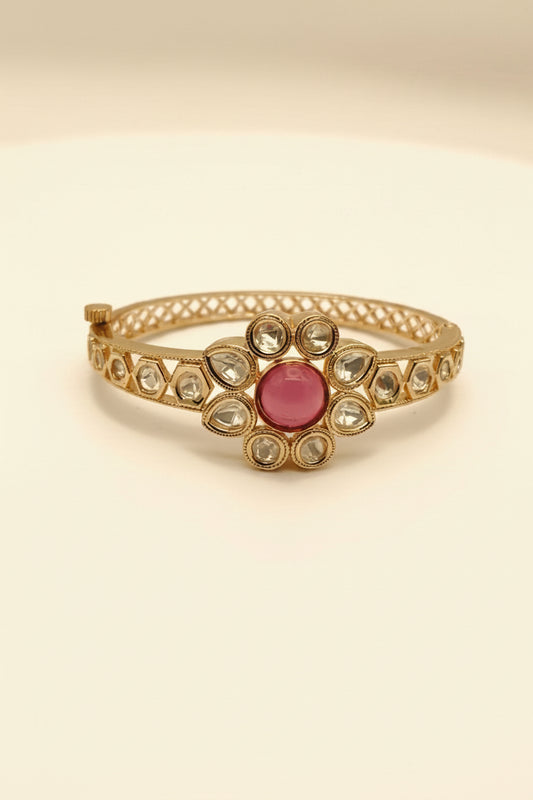 Heritage Kundan Style Pink Stone and Polki-Look Bangle Bracelet
