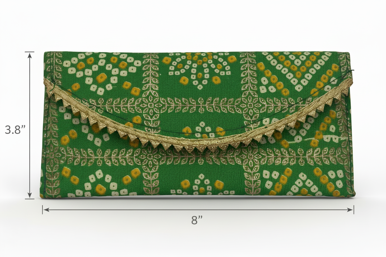 Bandhani Envelope Clutch with Golden Lace Trim - Traditional Tie-Dye Purse