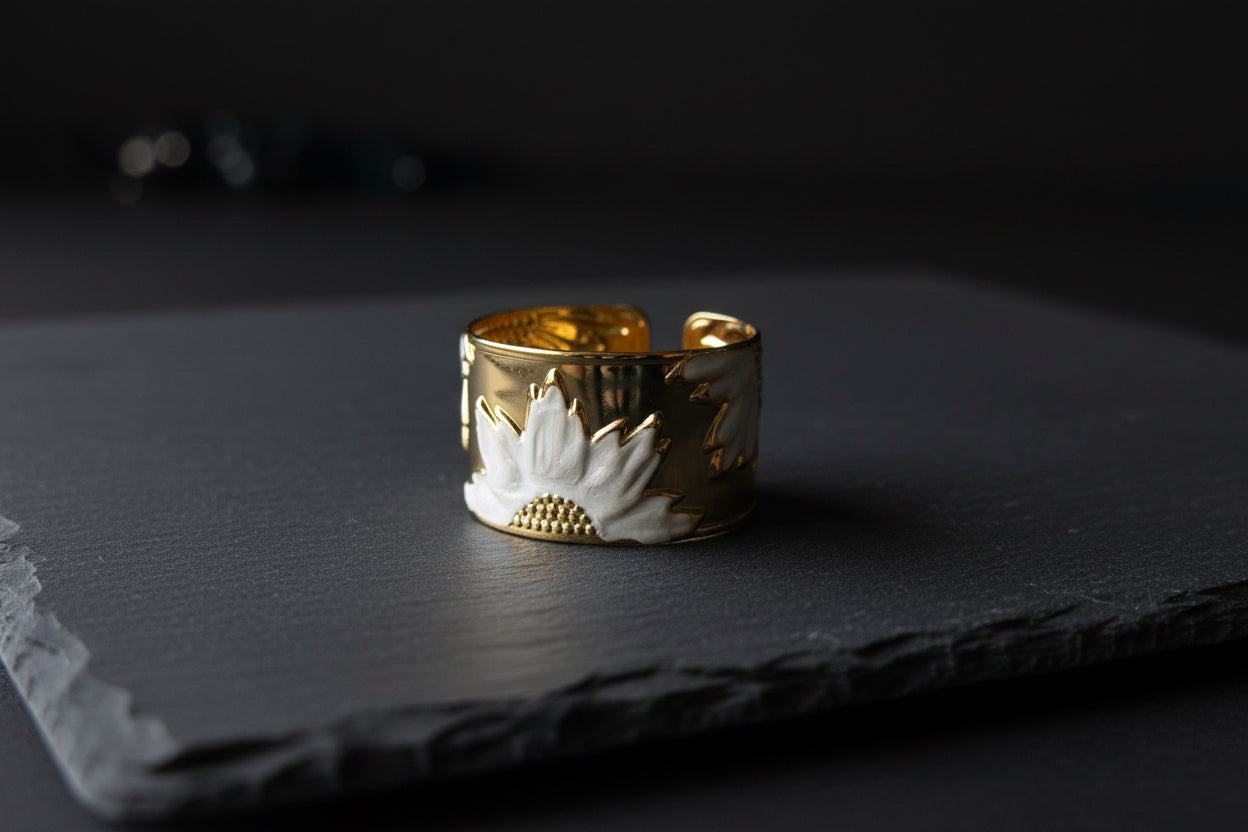 Gold Tone Sunflower Cuff Kada White Enamel Open-Back Bracelet
