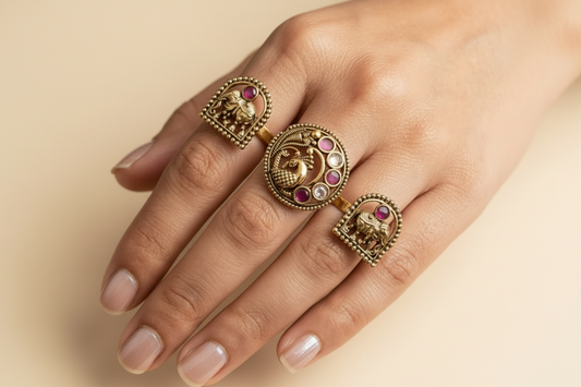 Antique Double Finger Ring Set Peacock and Elephant Motif with Kundan Stones
