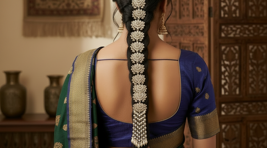 Woman wearing a saree with a decorative hair choti piece in an indoor setting