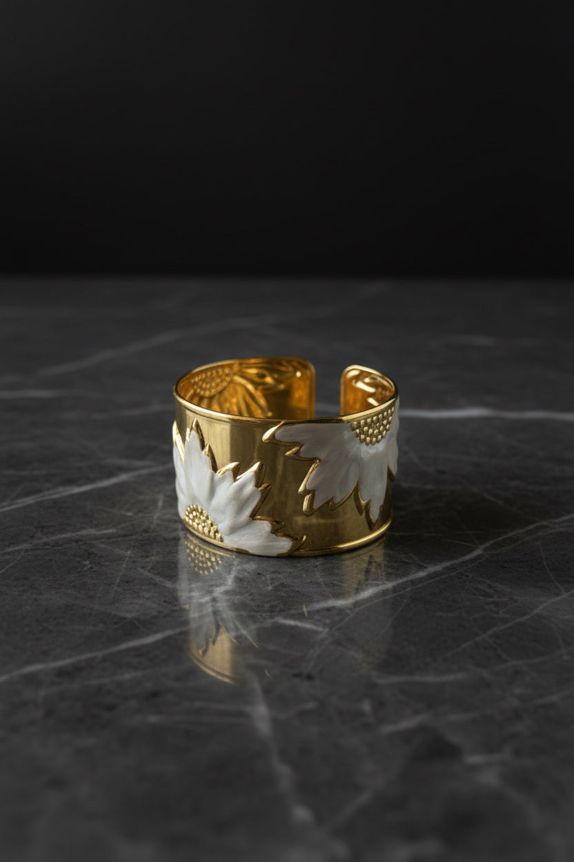 Gold Tone Sunflower Cuff Kada White Enamel Open-Back Bracelet