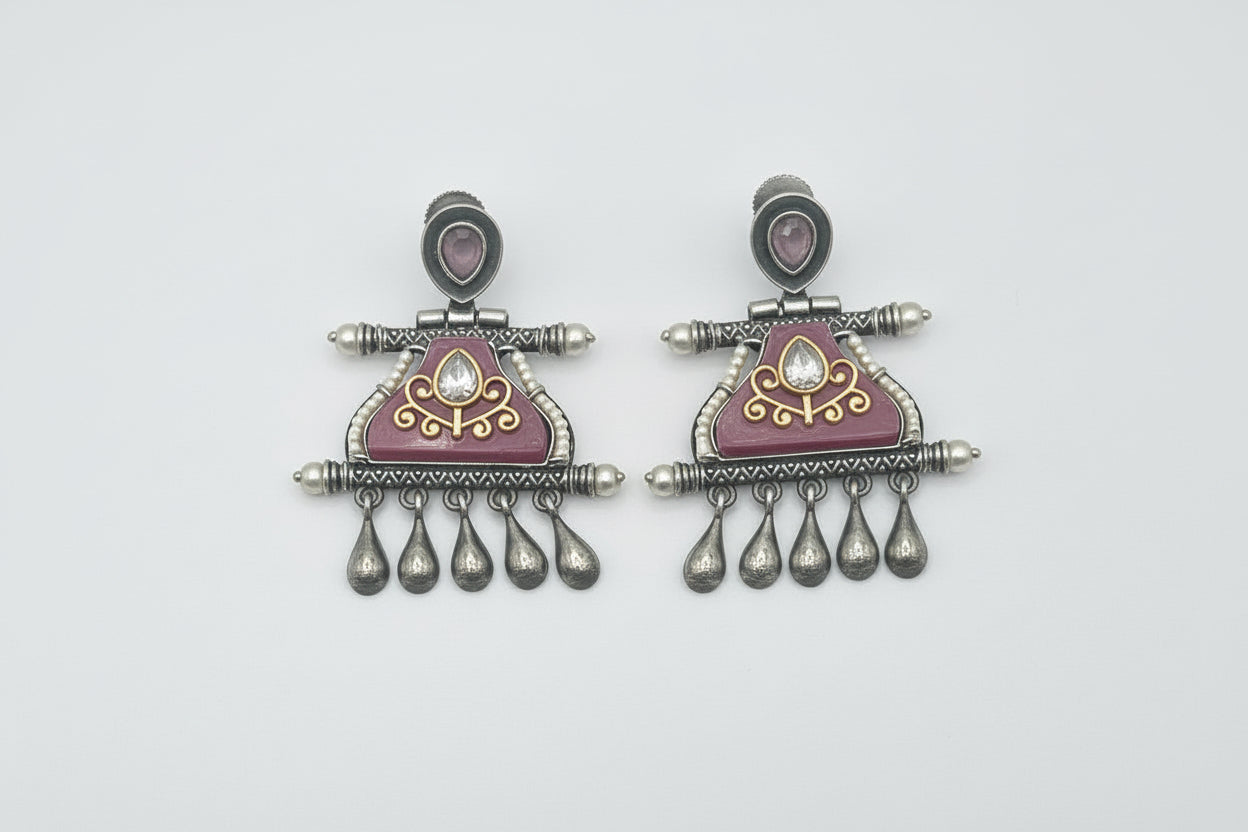 Mauve Temple Earrings with Pearl Fringe Antique Silver Kundan Chandbali