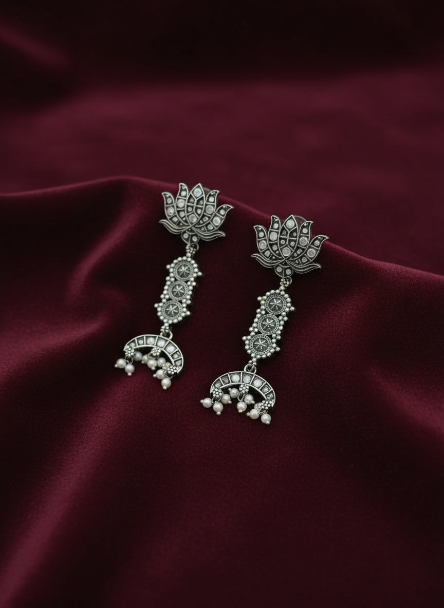 Lotus Temple Earrings with Pearl Drops - Oxidized Silver Chandbali