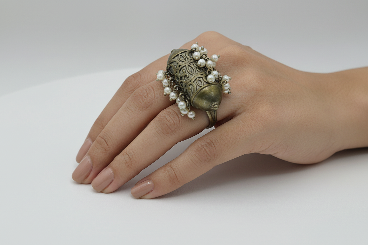 Antique Silver Temple Ring with Pearl Accents