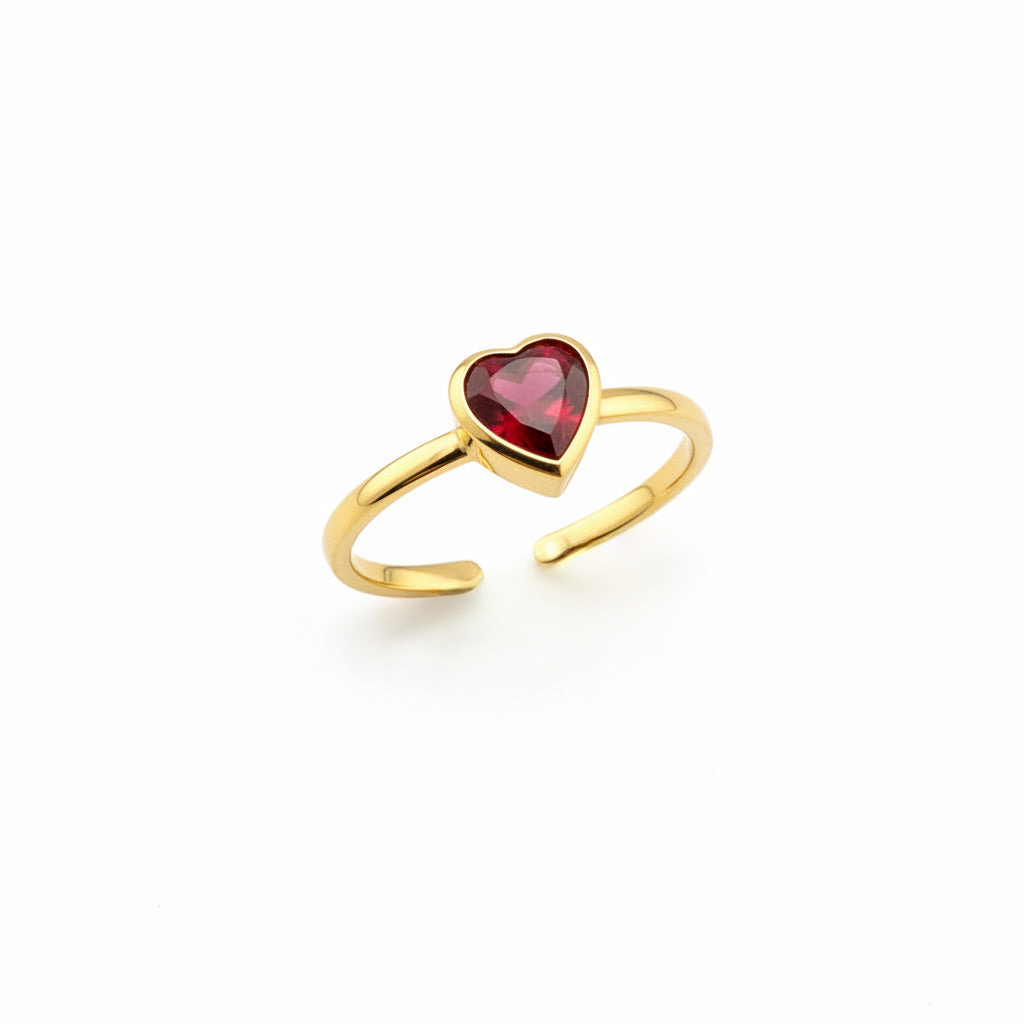 Ruby Red Heart CZ Bezel Solitaire Ring 18K Gold Plated