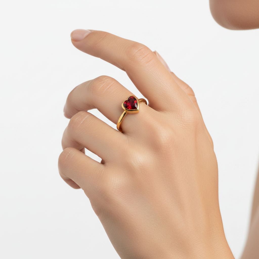 Ruby Red Heart CZ Bezel Solitaire Ring 18K Gold Plated