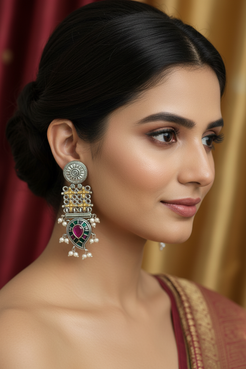 Woman wearing ornate earrings with a blurred background